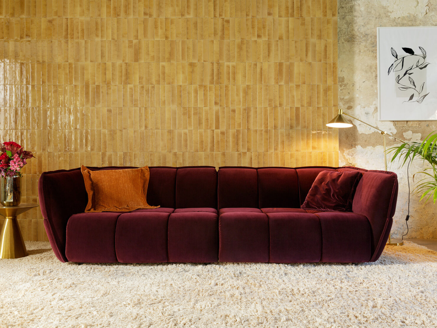 acheter Canapé 4 places velours bordeaux Elydic - 276x104x78cm - FRANCE CANAPÉ ®