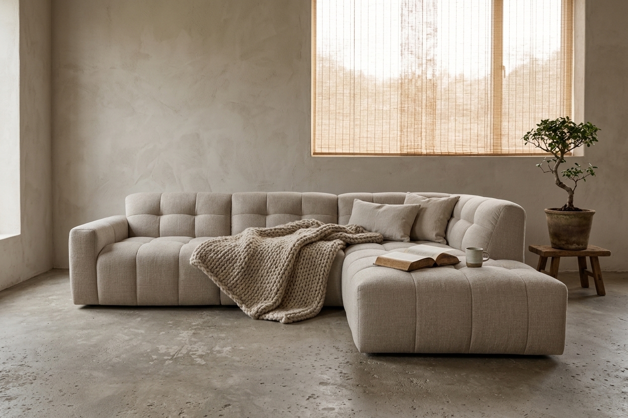 Salon Japandi avec philosophie Wabi-sabi : mobilier épuré et ambiance zen