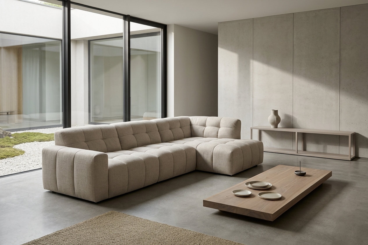 Mobilier bas et fonctionnel pour un salon de style Japandi