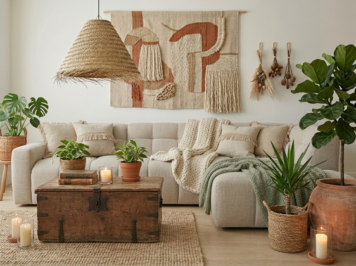 Textiles, végétaux et luminaires du style scandicraft