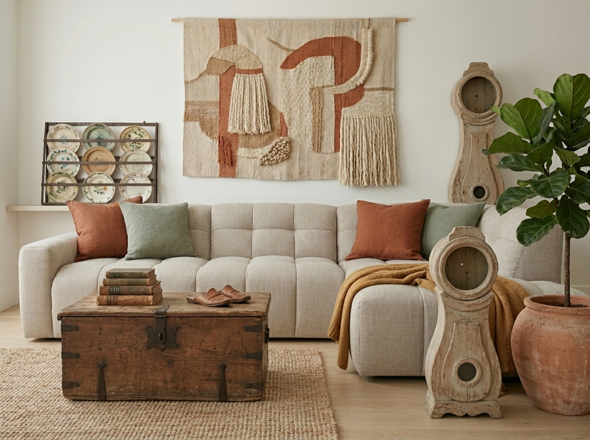 Mobilier artisanal et chiné dans un salon scandicraft