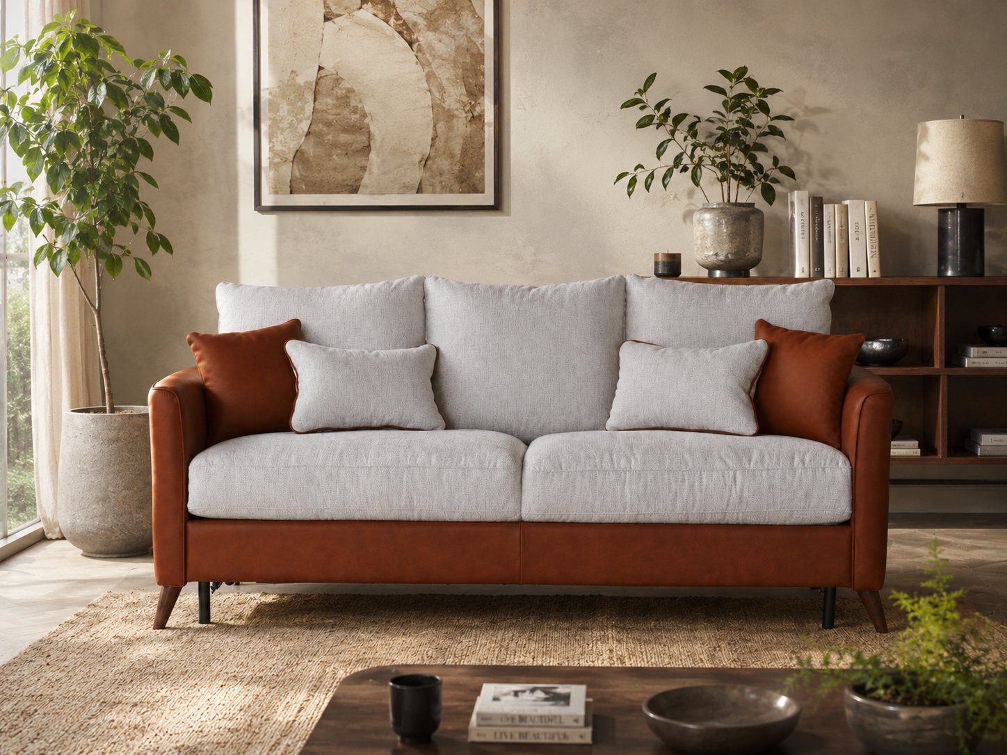 Canapé bicolore France Canapé associant une structure en cuir marron et des coussins d'assise confortables en tissu beige clair
