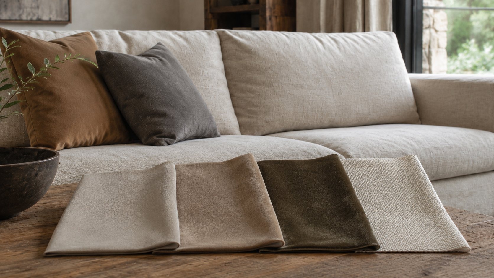 Canapé moderne France Canapé en tissu beige avec des échantillons de revêtements sur une table en bois