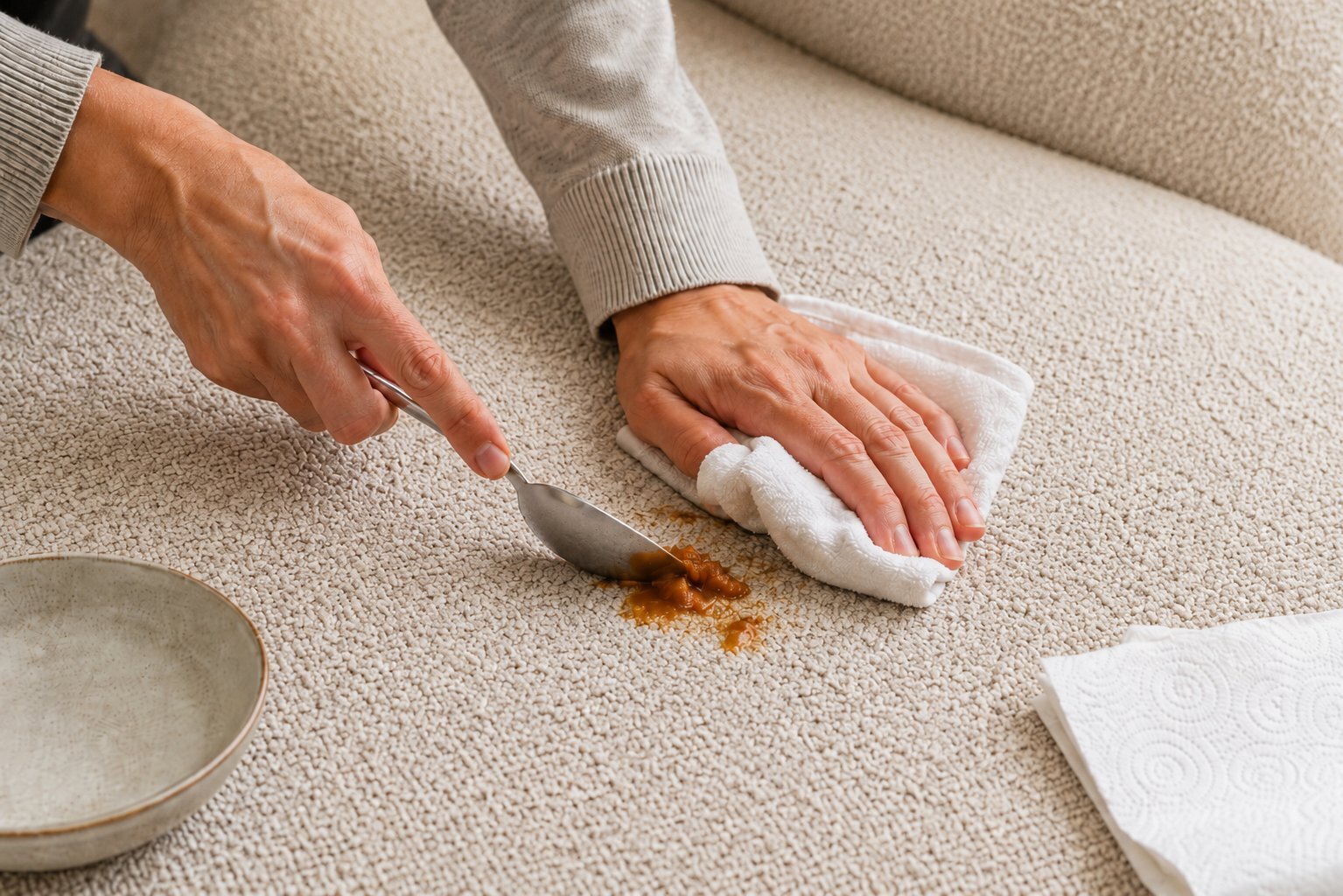 Intervention rapide et nettoyage localisé d'une tache sur un tissu de canapé