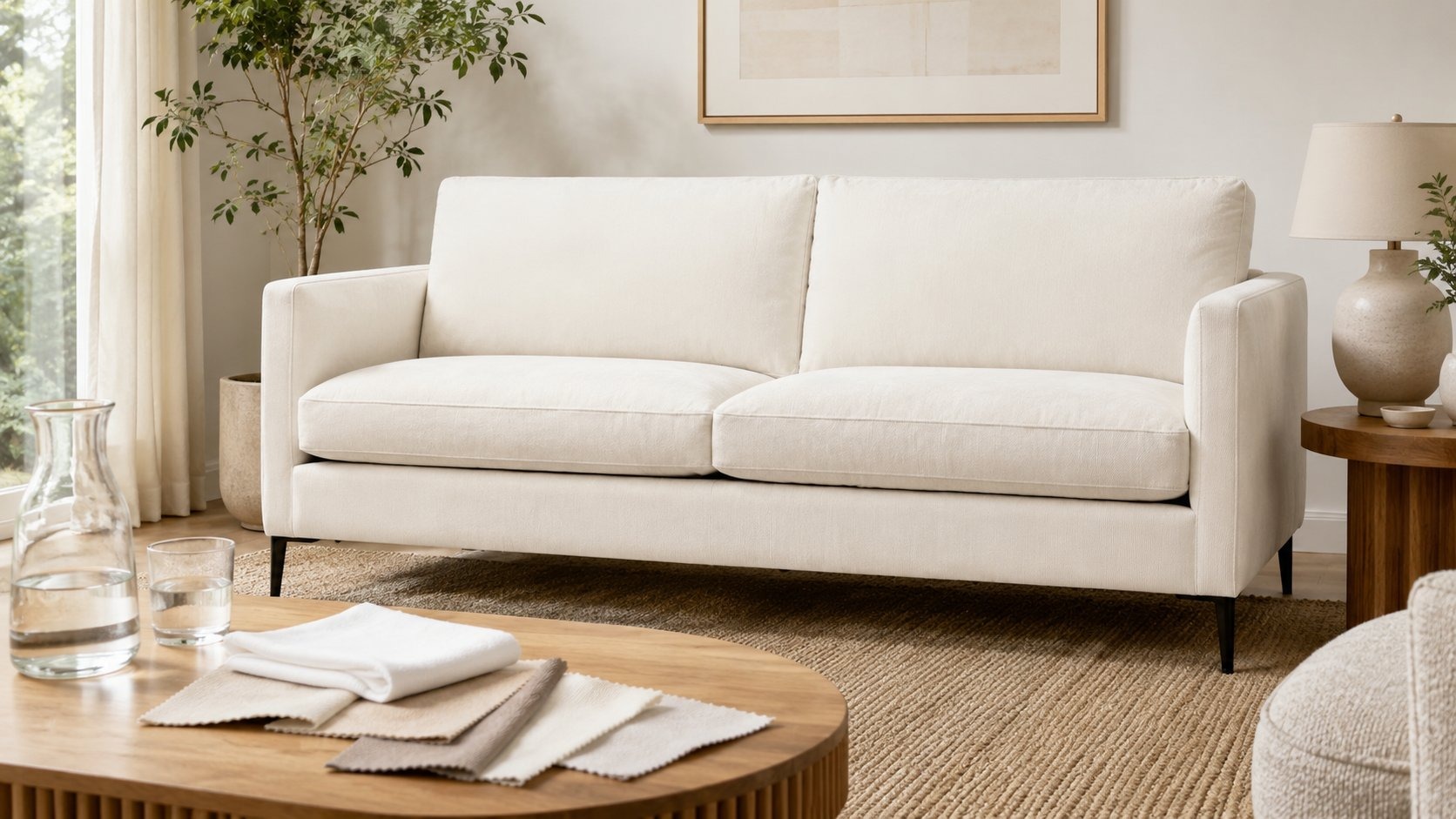 Canapé blanc en tissu facile d’entretien avec échantillons de revêtements