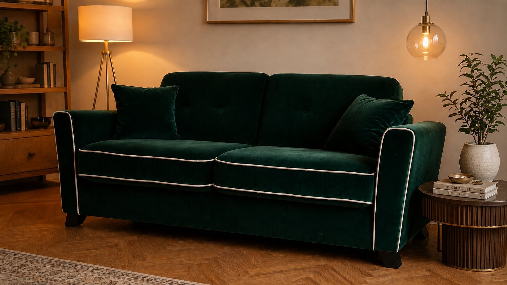 Canapé en velours vert dans un salon chaud et élégant